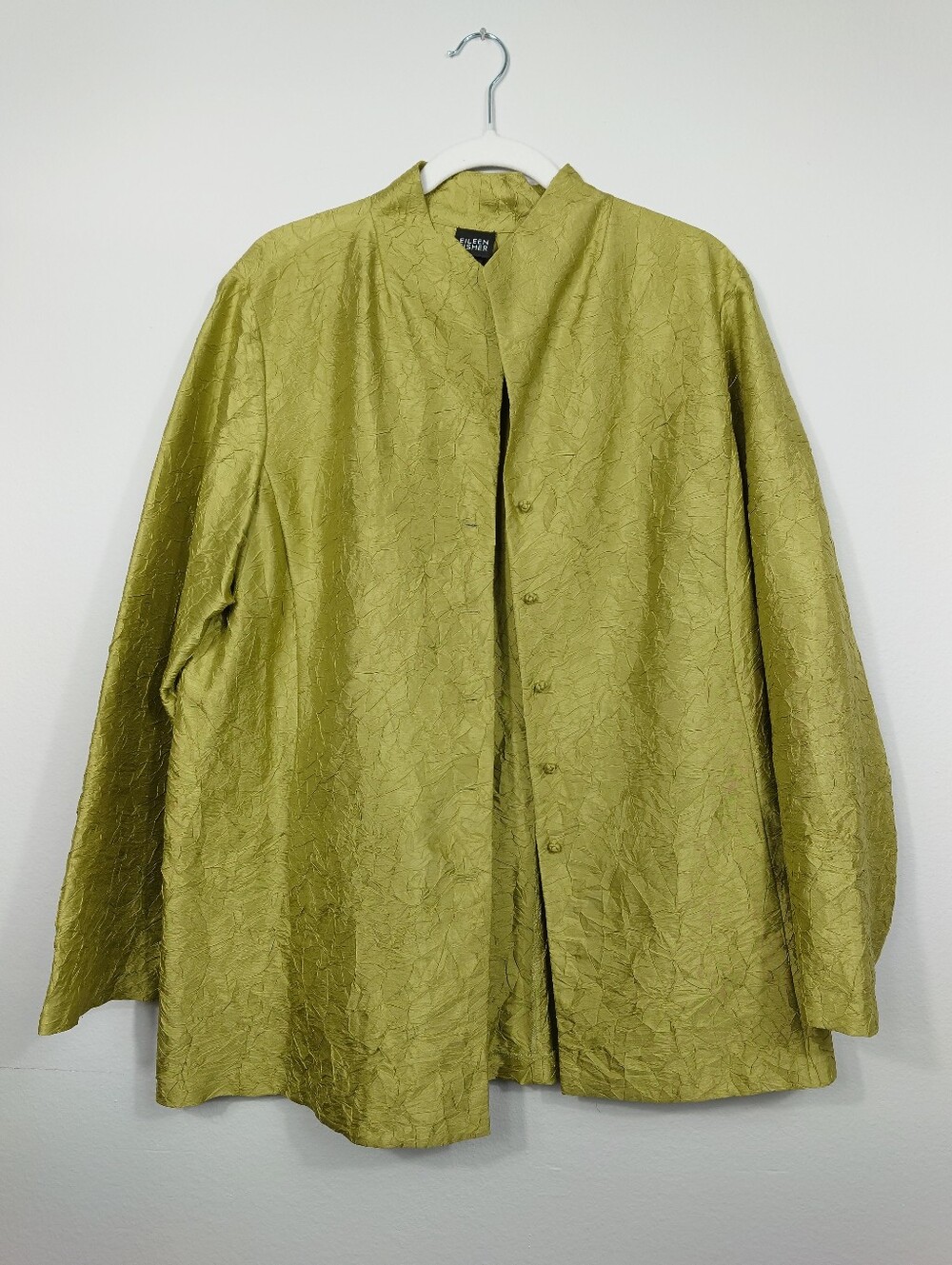 Eileen Fisher 100% Silk Crinkle Jacket XL Chartreuse Green Statement Piece
